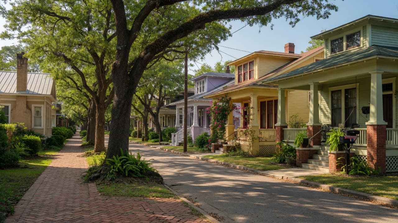 Houston Heights street with craftsman bungalows
